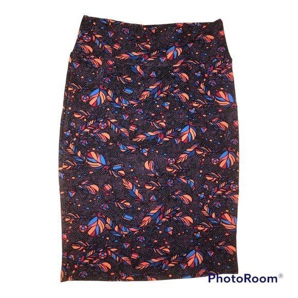 LuLaRoe Sz M Cassie Feather Pencil Skirt Med Medium Black Blue Orange Polka Dot - Picture 1 of 6